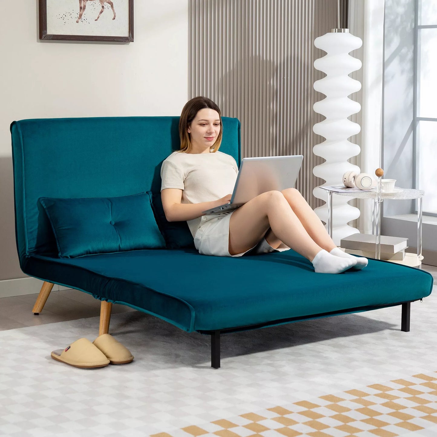 2 vietų miegojama sofa, sofa-lova, transformuojama į lovą, reguliuojama atlošas, audinio apmušalas, metalinis rėmas, žalia