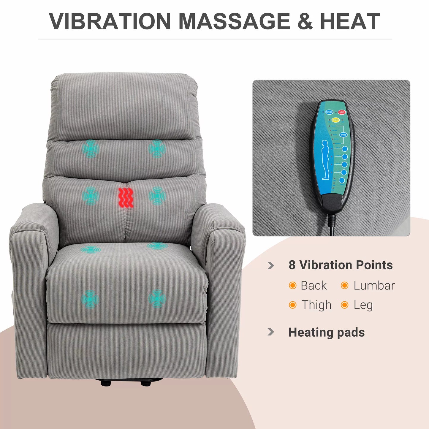 HOMCOM Elektrinis fotelis su pagalba atsistojant, masažinis fotelis su gulėjimo ir šildymo funkcijomis, poilsio fotelis su nuotolinio valdymo pulteliu ir šonine kišene, reguliuojamas, poliesterio audinys, tamsiai pilkos spalvos