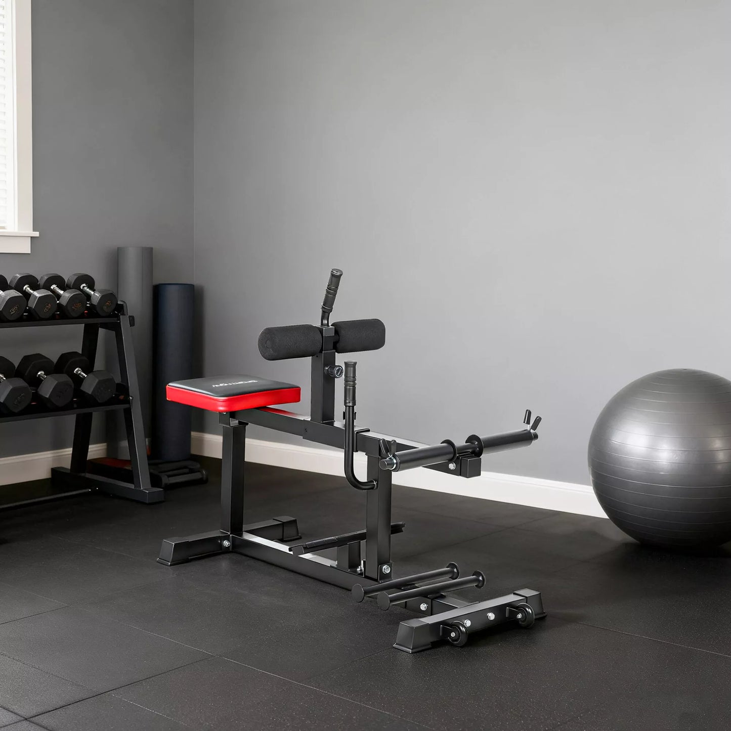 Kelnių treniruočių suolas, blauzdų kilnoimo įrenginys, su ratukais, sporto įranga namų treniruotėms, plienas, juoda