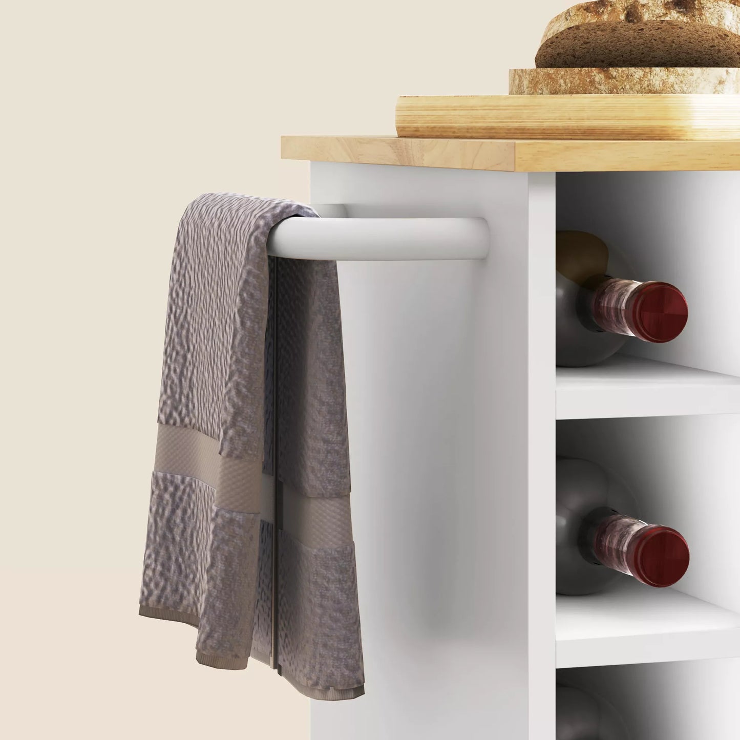 Virtuvės vežimėlis, riedanti virtuvės sala, virtuvės vežimėlis su skyreliais, vyno lentynomis, spintele ir darbo paviršiumi, baltas