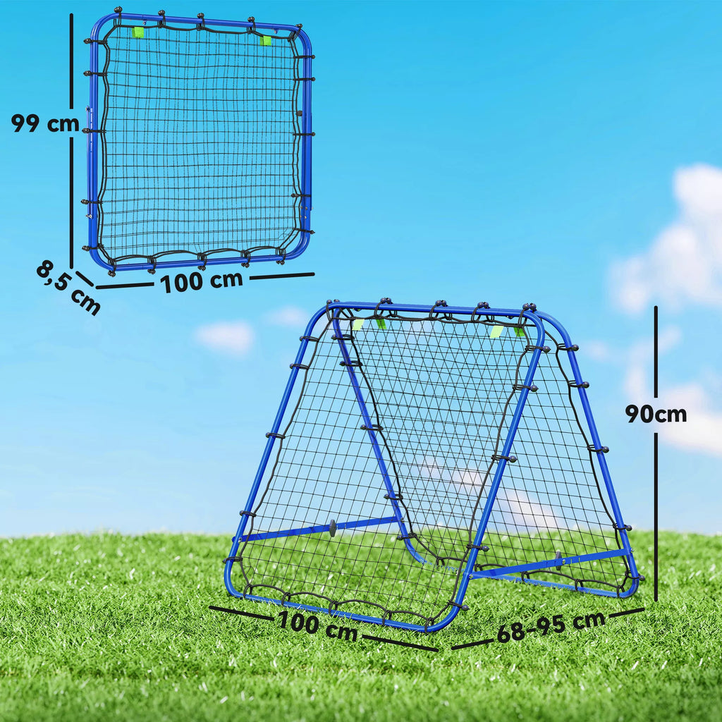 Dvigubas atmušėjas futbolui, reguliuojama atmušimo sienelė su 5 kampinėmis pozicijomis, tinklinis atmušėjas, 100 x 68-95cm atmušimo vartai jaunimui, atmušimo sienelė rankinio treniruotėms, mėlynas