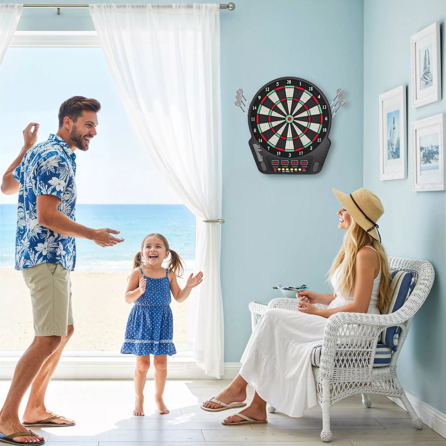 Elektroninė smiginio lenta (dartboard) – smiginio rinkinys su LED ekranu, automatiniu taškų skaičiavimu, garso efektais, 6 strėlytėmis, 24 antgaliais, 27 žaidimais ir 243 taškų rinkimo variantais, 16 žaidėjų, 44 x 51,5 x 3,2 cm