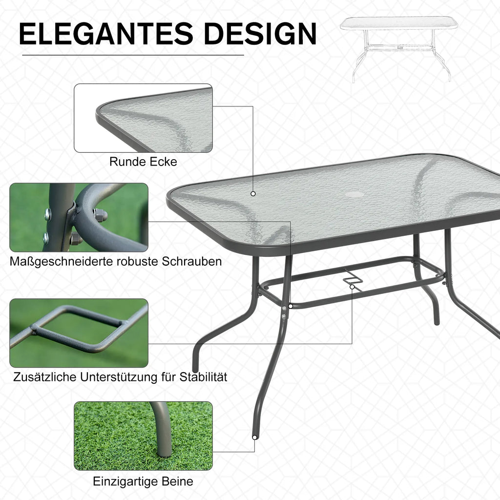 Sodo stalas Bistro stalas Balkono stalas Sodo pagalbinis stalas Bistro stalas Sodo baldai su stikliniu stalviršiu Skylė skėčiui Tvirtas stiklas + metalas Anglies pilkos spalvos  120 x 80 x 70 cm