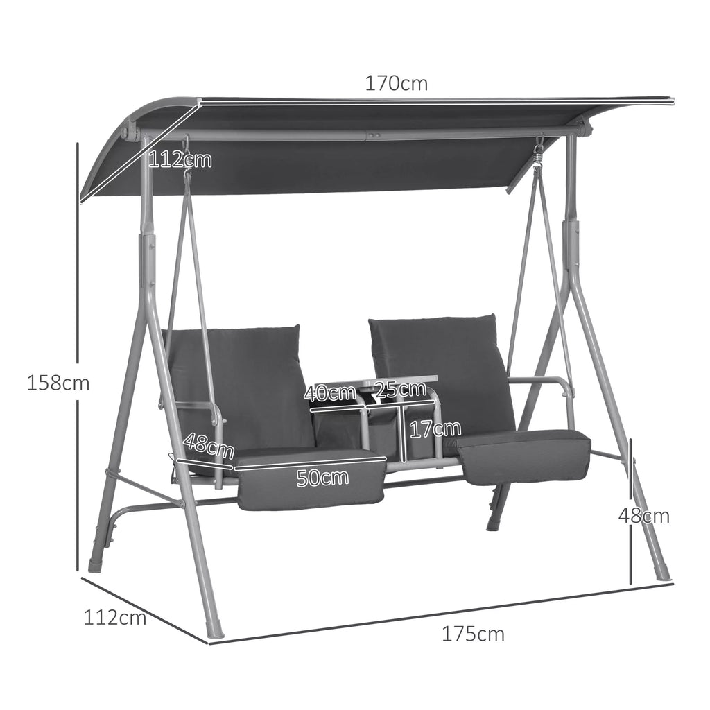 Holivudo sūpynės, 2 vietos, su stogu ir stalu, metalinis rėmas, iki 180 kg, 175x110x165 cm, juodos spalvos