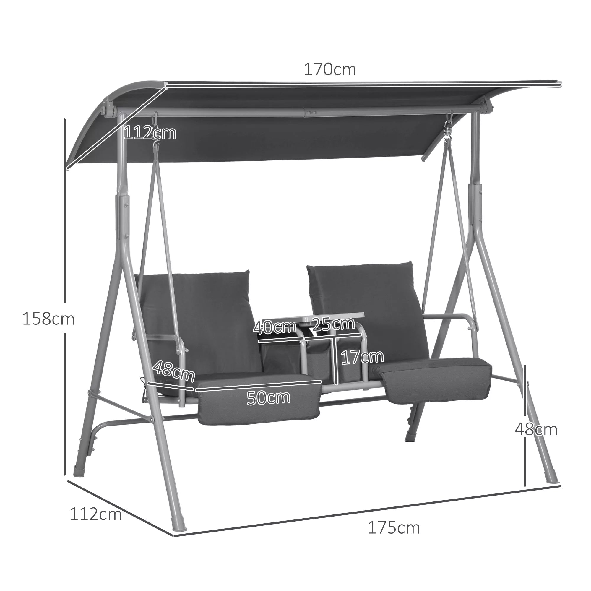 Holivudo sūpynės, 2 vietos, su stogu ir stalu, metalinis rėmas, iki 180 kg, 175x110x165 cm, juodos spalvos