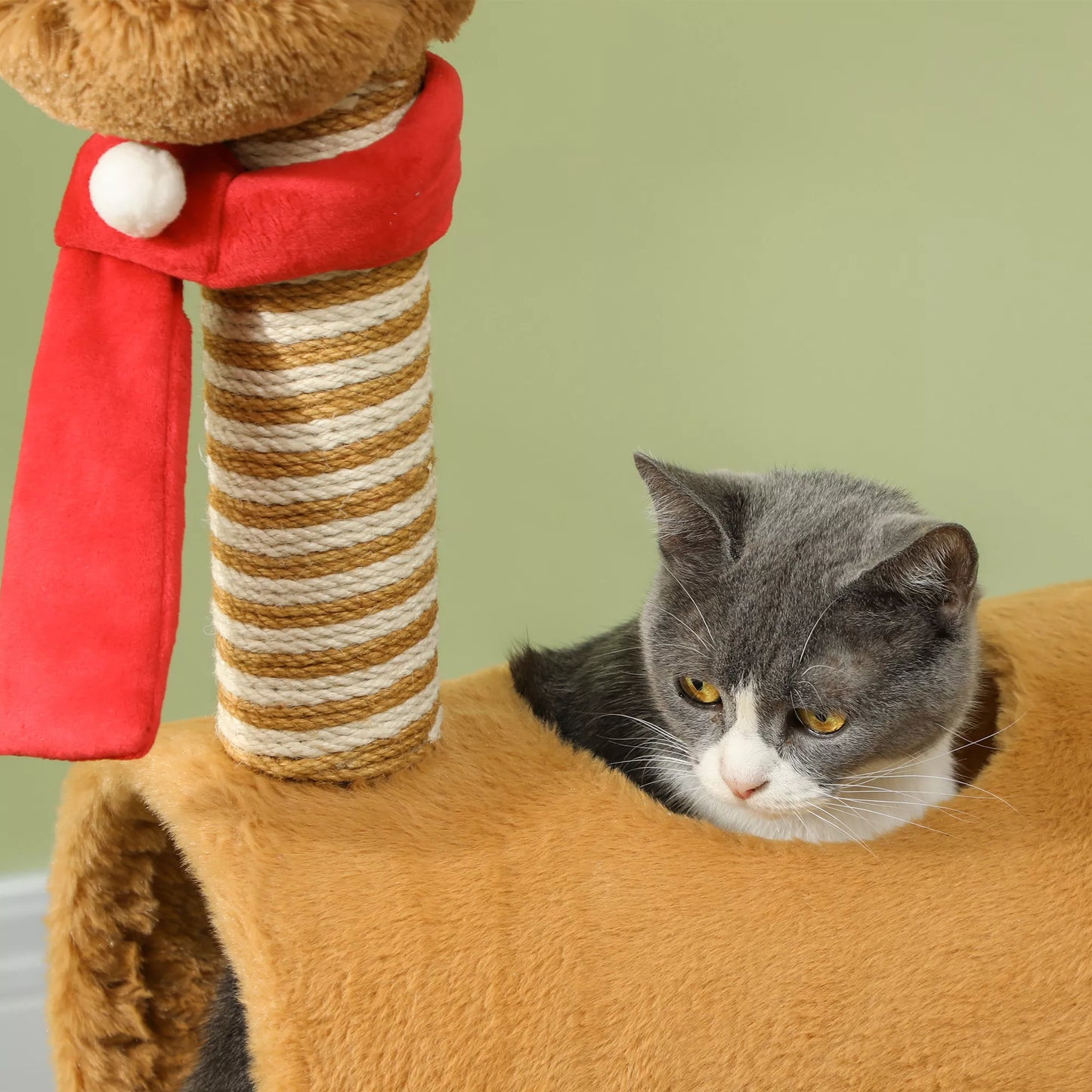 Kačių namelis 98 cm, kačių bokštas elnio dizaino, su guoliu, žaisliniu kamuoliuku, džiuto stiebais, rudas