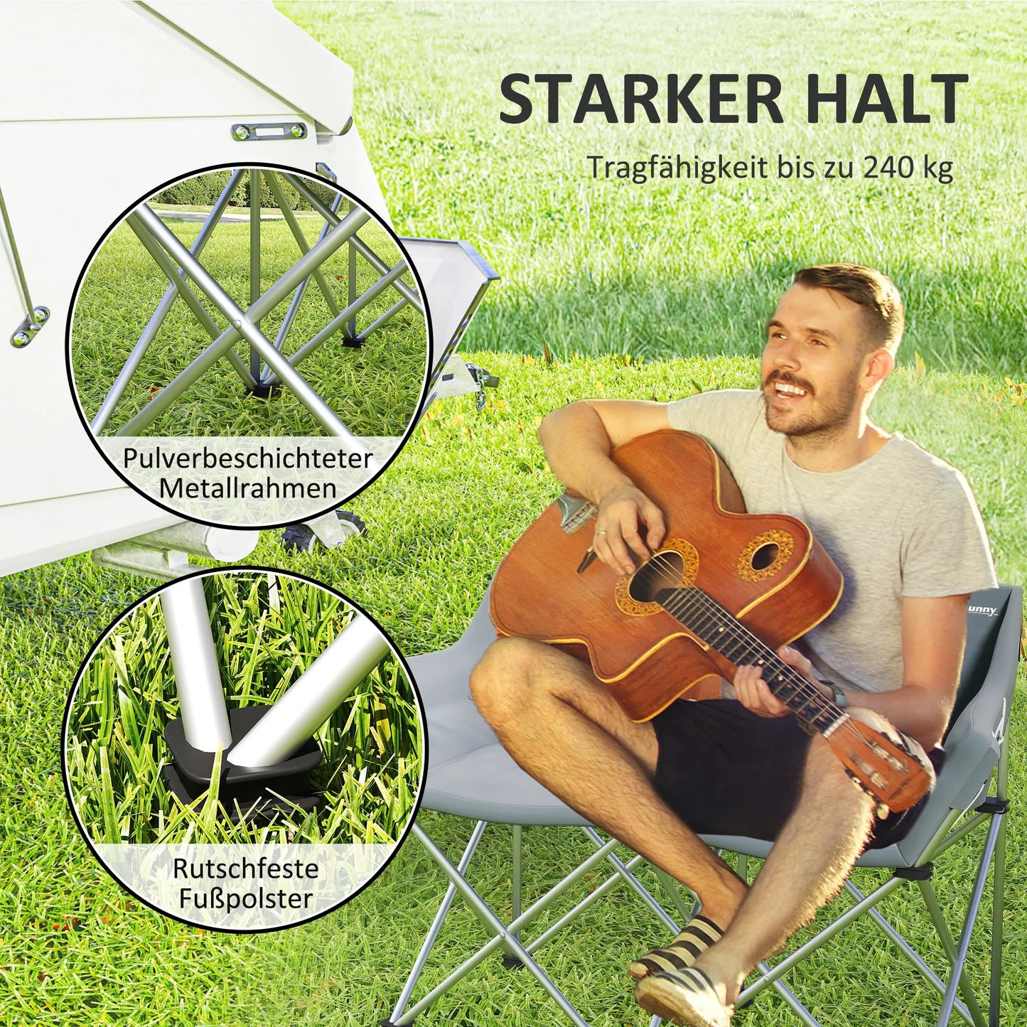 Sulankstoma 2 vietų kempingo kėdė su porankiais, šonine kišene, atlaiko iki 240 kg, pilka