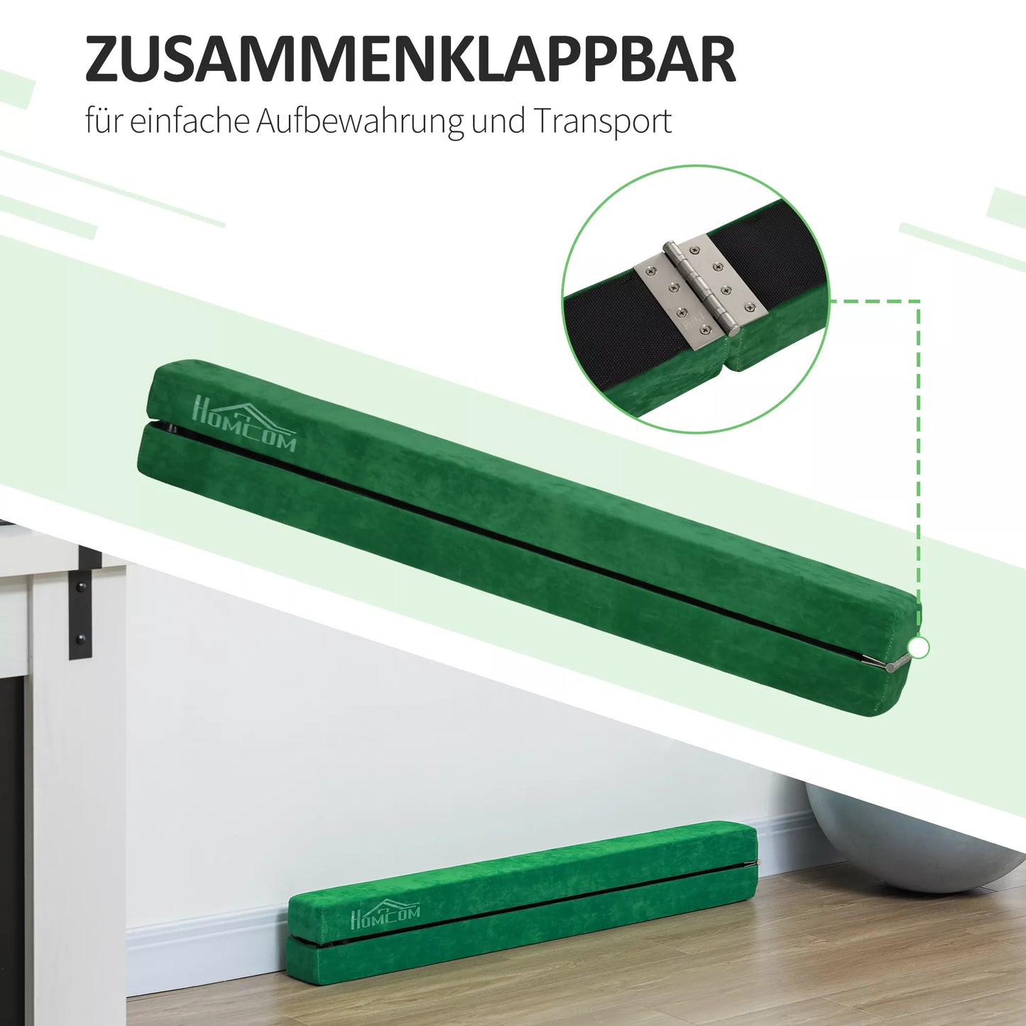 Sulankstoma pusiausvyros sija, neslystanti, su zomšos apdaila, tvirtas medienos pagrindas, 210 x 10 x 6,5 cm, mėlyna