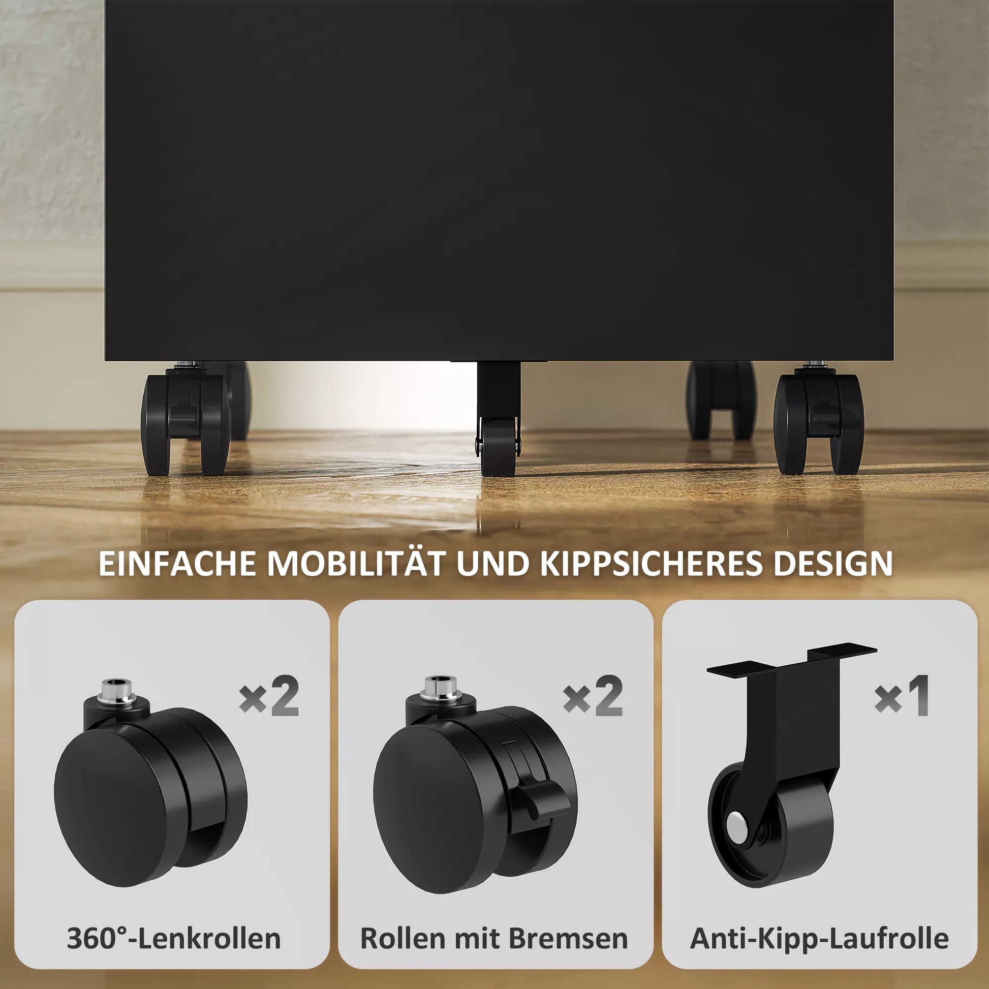 Metalinis dokumentų spintelė, biuro spintelė, 3 stalčiai, su ratukais, juoda