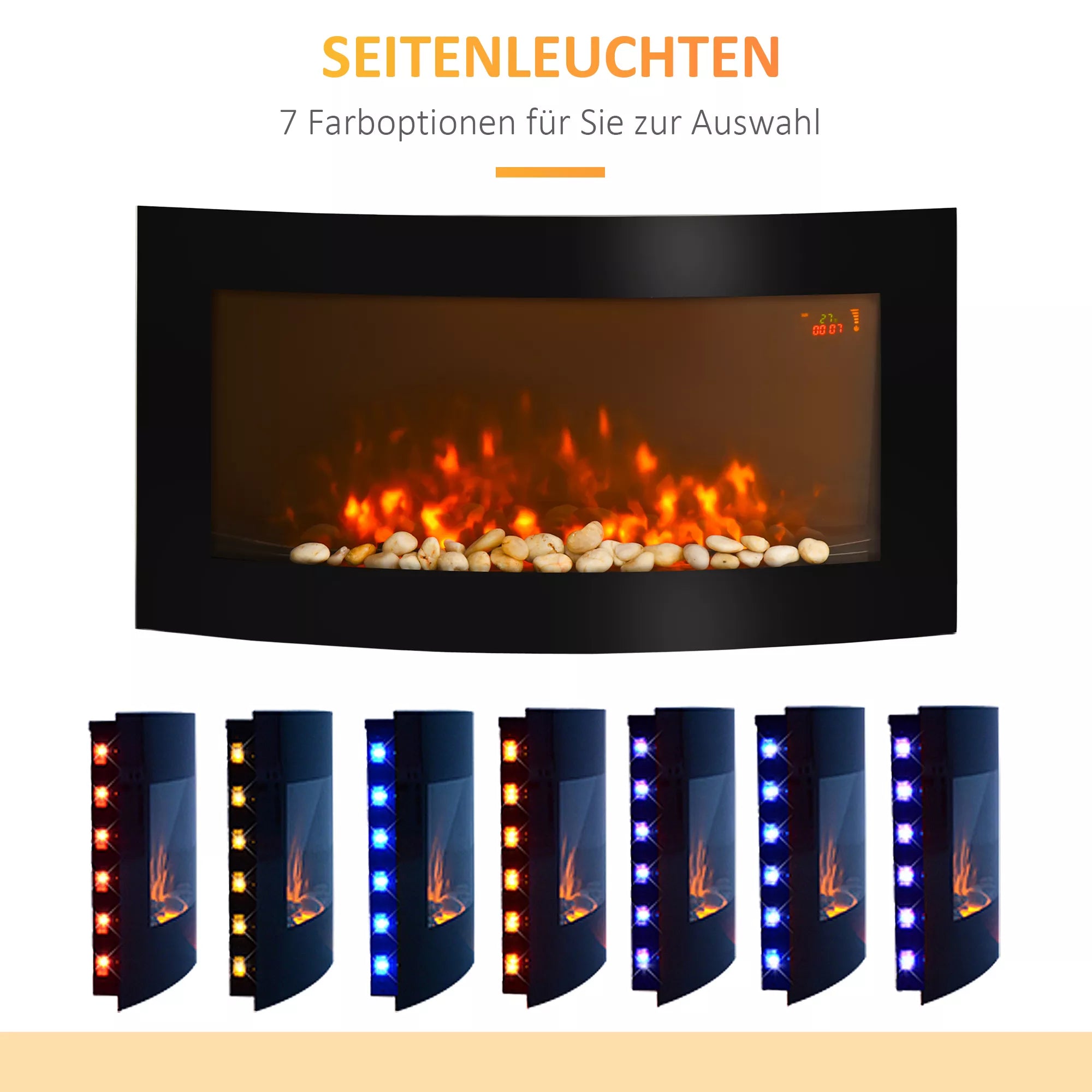 Elektrinis židinys su šildymu, sieninis židinys su LED liepsnos efektu, 7 liepsnos spalvos, 1000/2000 W, elektrinis židinys su laikmačiu, reguliuojamas termostatas, dekoratyvinis židinys su nuotolinio valdymo pultu, juodos spalvos, 89,2 cm