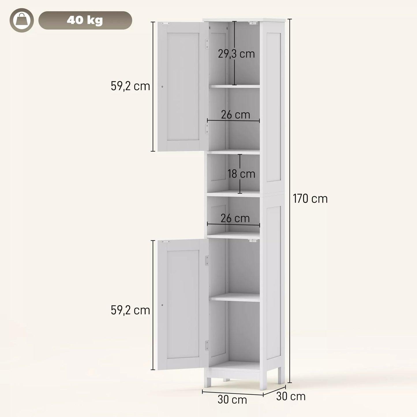 Aukštas, siauras vonios spintelė su durelėmis, atviromis lentynomis, 30 x 30 x 170 cm, balta