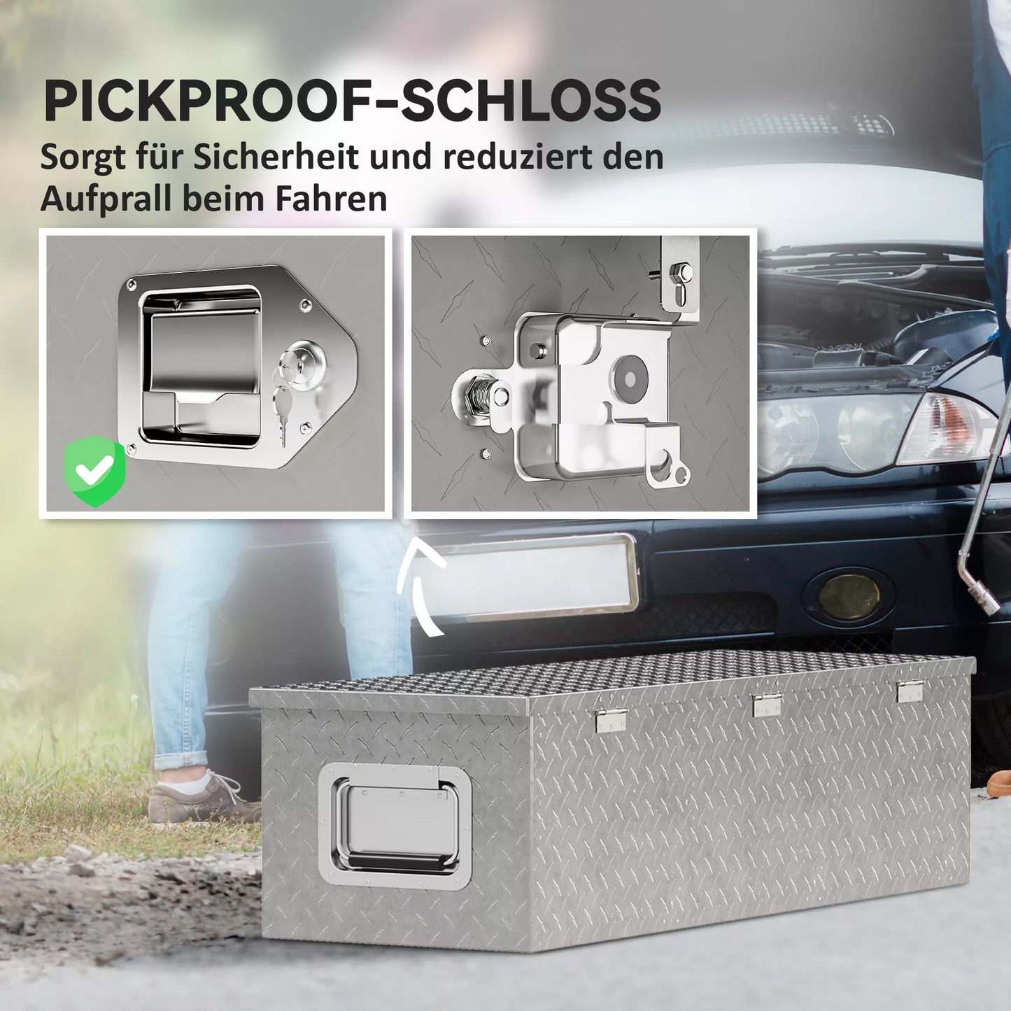 HOMCOM Stabili aliumininė laikymo dėžė su šoninėmis rankenomis, spyna ir raktais, įrankių dėžė, 99 x 33 x 25,5 cm