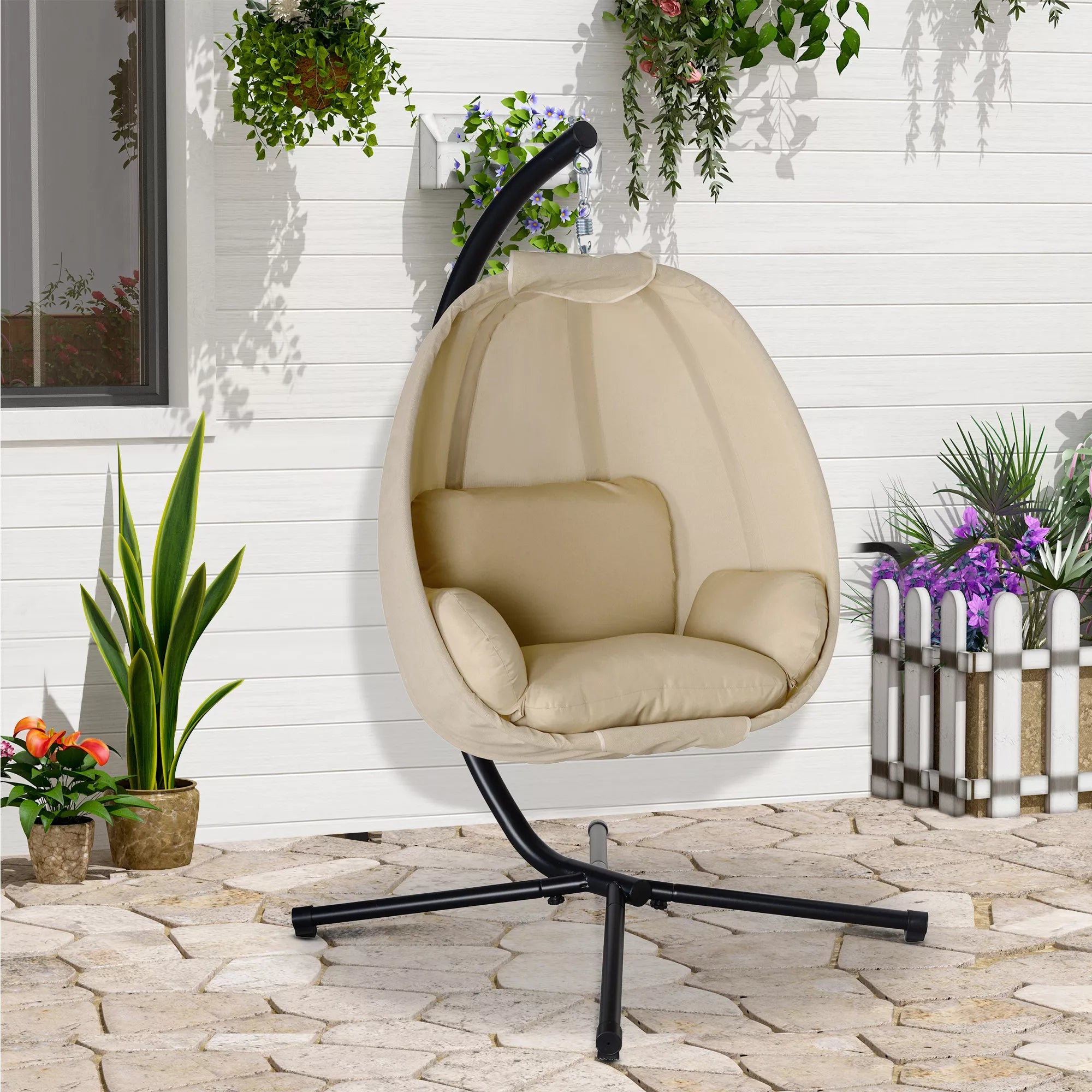 Kabantis krėslas, kiaušinio formos sūpynės su minkštu pagalvėliu, tinka naudoti viduje ir lauke, 125L x 95B x 170H cm, chaki spalvos