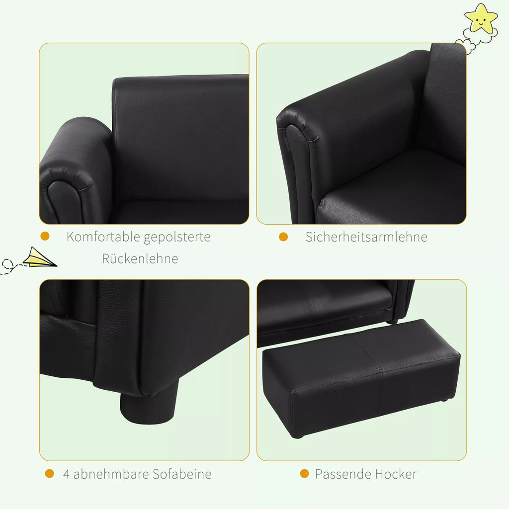 Vaikiškas fotelis su pufu, vaikiška sofa su taburete, vaikiška sofa, sofos fotelis, juodos spalvos, 83 x 42 x 41 cm
