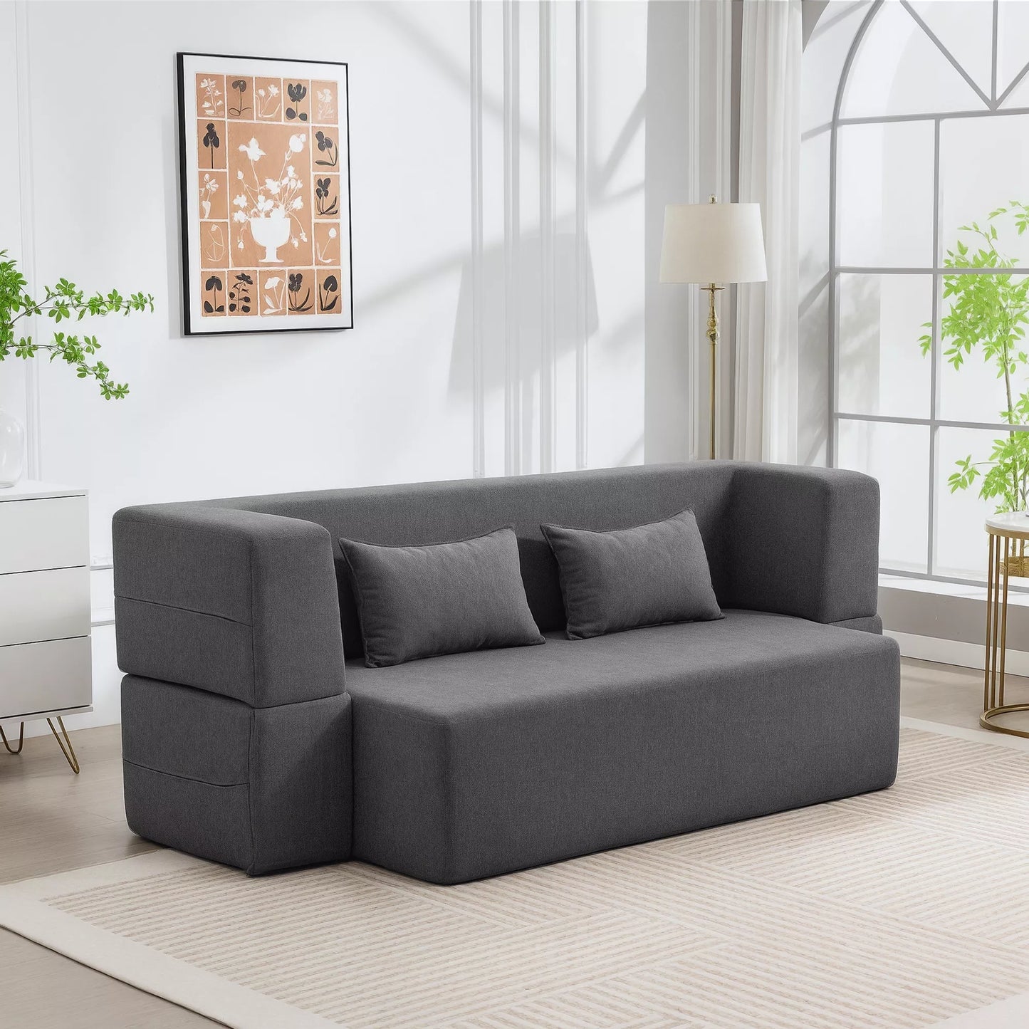 2 vietų putplasčio sofa-lova, miegamoji sofa su plačiais porankiais, 2 pagalvėlės, 360 kg keliamoji galia, pilka