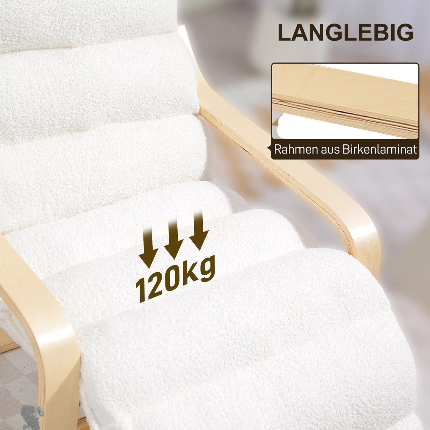 Svetainės fotelis iš beržo medienos, paminkštintas, su reguliuojama kojų atrama, baltas