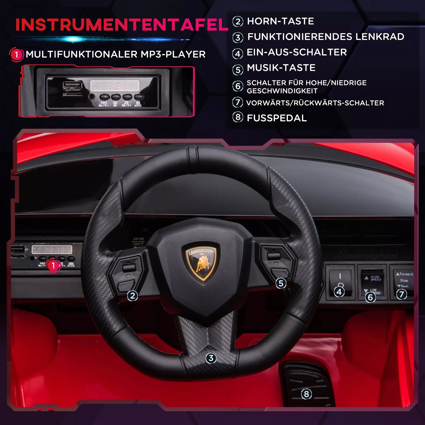 12V vaikiškas elektrinis automobilis Lamborghini SIAN SUV, 2 važiavimo režimai, su nuotolinio valdymo pultu, muzika (MP3/USB), šviesomis, 37-60 mėn., metalo raudonumo, 108 x 62 x 40 cm
