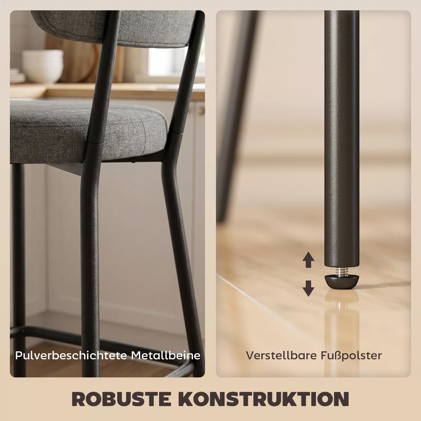 Baro kėdžių komplektas, minkštos baro kėdės su išlenktu atlošu, plienas ir tekstilė bei putų poliuretanas, 2 vnt., pilka