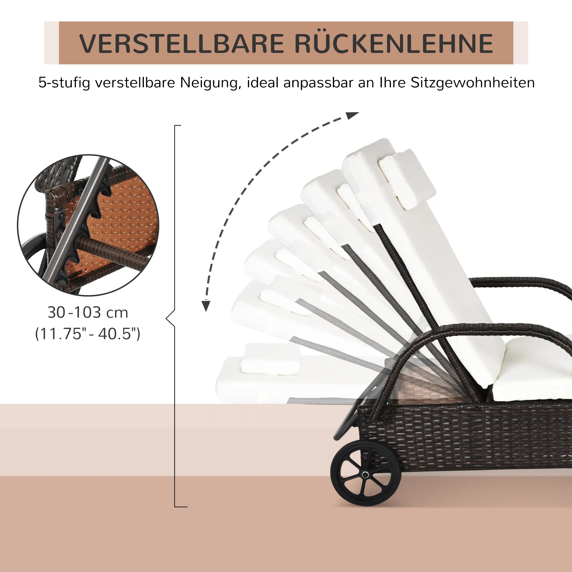 Saulės gultas Polyrattan sodo gultas su 5 pakopų reguliuojamu atlošu, paminkštintu užvalkalu, ratukais, pagalvėmis, 160 kg apkrova Poilsio gultas Sodo gultas, 200x73x30-103 cm, kavos rudos spalvos