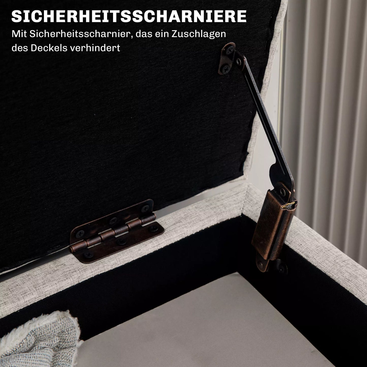 Suolas su daiktadėže, iki 220 kg, lininės išvaizdos, 110x39x45cm, smėlio spalvos