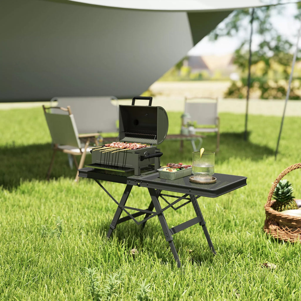 Sulankstomas stovyklos staliukas su reguliuojamu aukščiu, juodas