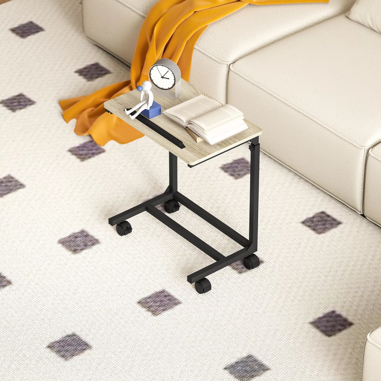 Aukščiui reguliuojamas staliukas, rašomasis stalas, naktinis staliukas, su 4 ratukais, metaliniu rėmu