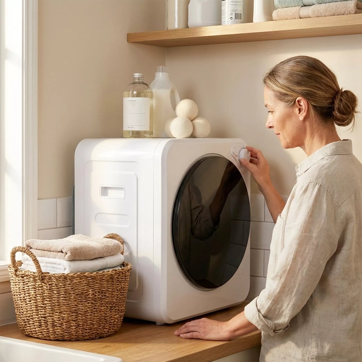 Mini džiovyklė su penkiomis programomis, ventiliacinė būgninė džiovyklė, nerūdijantis plienas, 4 kg, balta