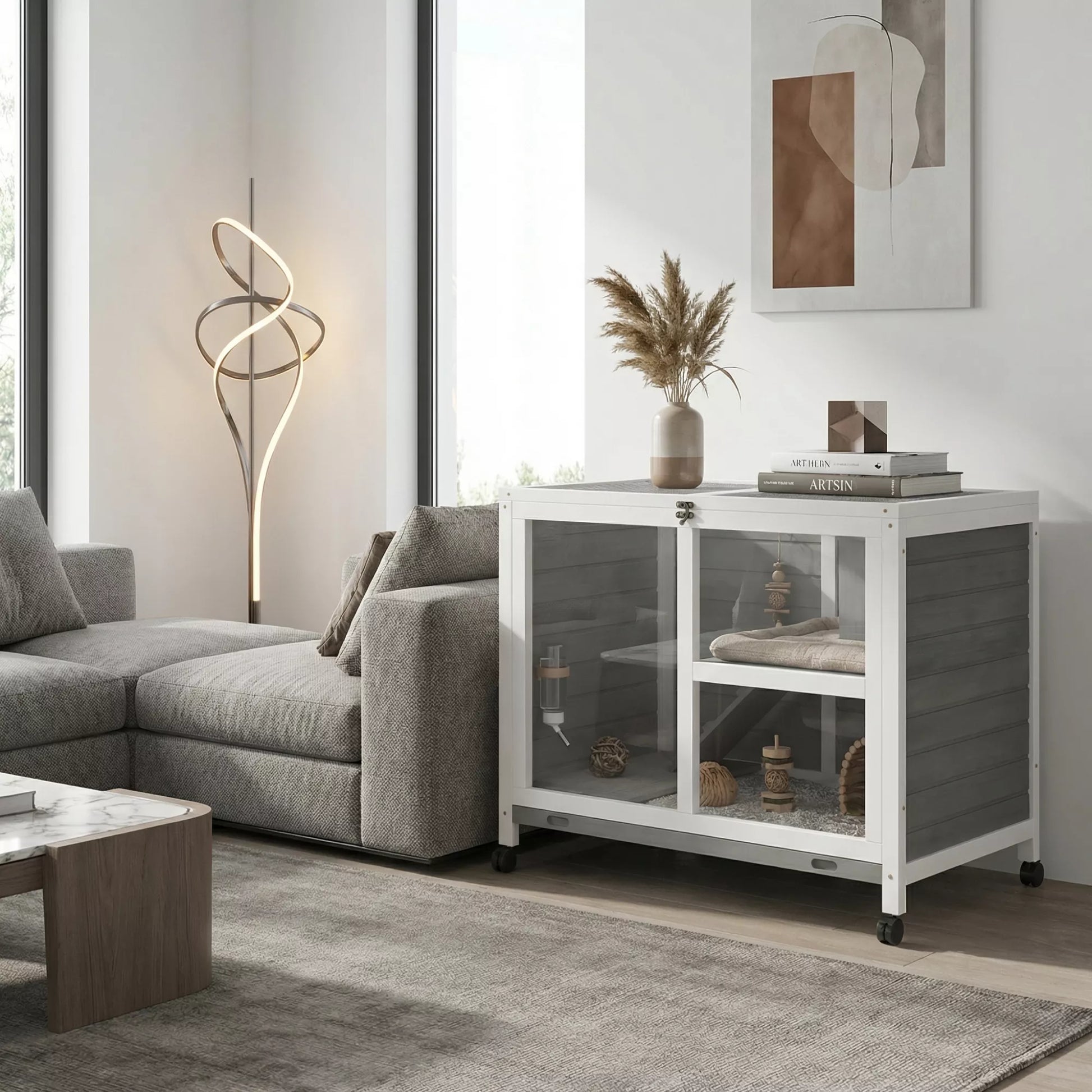 Mažų gyvūnų narvas su 2 lygiais, 4 ratukais, užsandarintas pušies medžio, pilkos spalvos