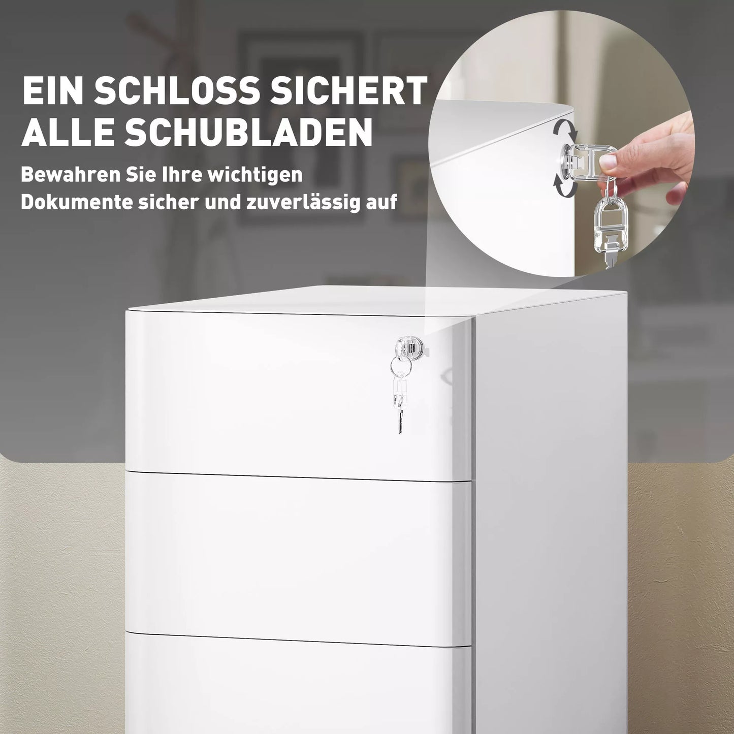 Metalinė dokumentų spinta, biuro spinta, 3 stalčiai, ratukai, balta