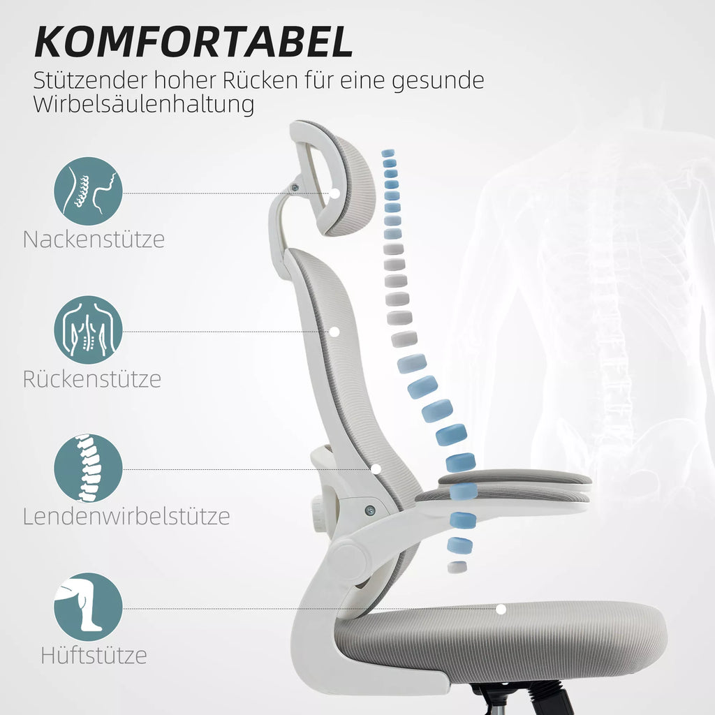 Ergonomiška biuro kėdė su tinklinės medžiagos atlošu, reguliuojamo aukščio, sulankstomais porankiais, 5 ratukais, sūpynės funkcija, pilkos spalvos