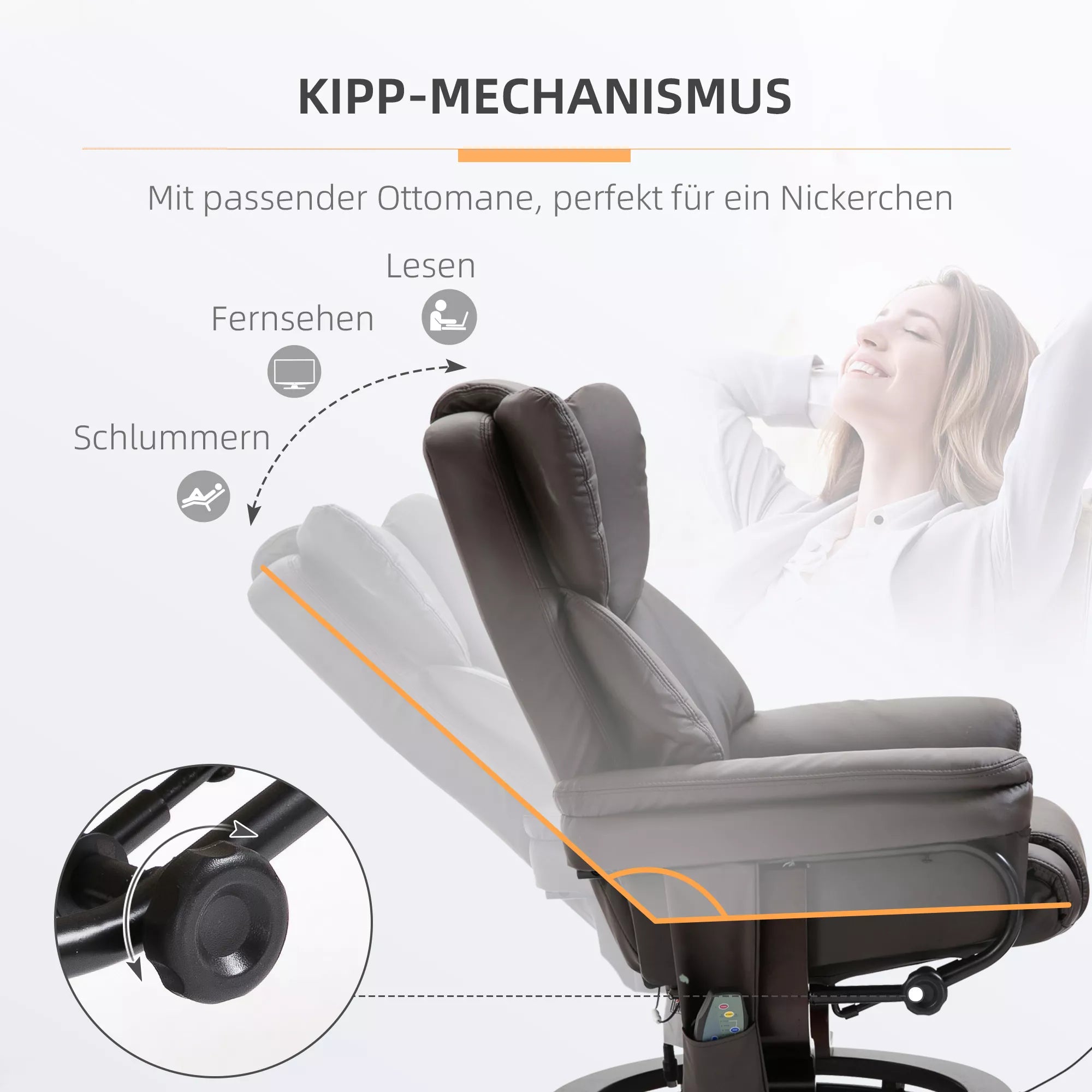 Poilsio krėslas su taburete, 360° pasukamas televizijos krėslas su masažo funkcija, atlošimo funkcija, masažinis krėslas su šonine kišene, atlošimo krėslas, dirbtinė oda, skirtas svetainei, rudos spalvos