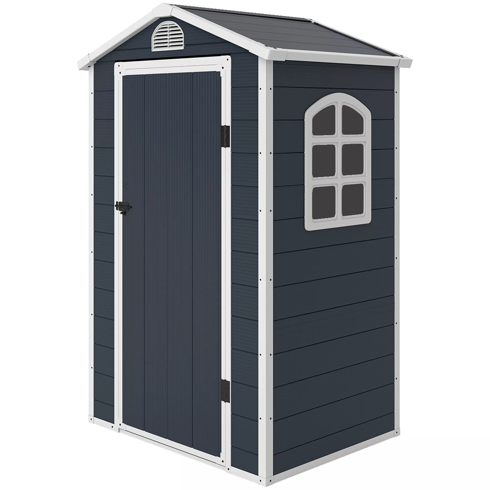 Įrankių namelis 1,1 m², įrankių namelis su dvišlaičiu stogu, 134 x 104 x 204 cm, plastikinis sodo namelis su užrakinamomis durimis, ventiliacijos angomis, langais, sodo namelis sodui, tamsiai pilkos spalvos.