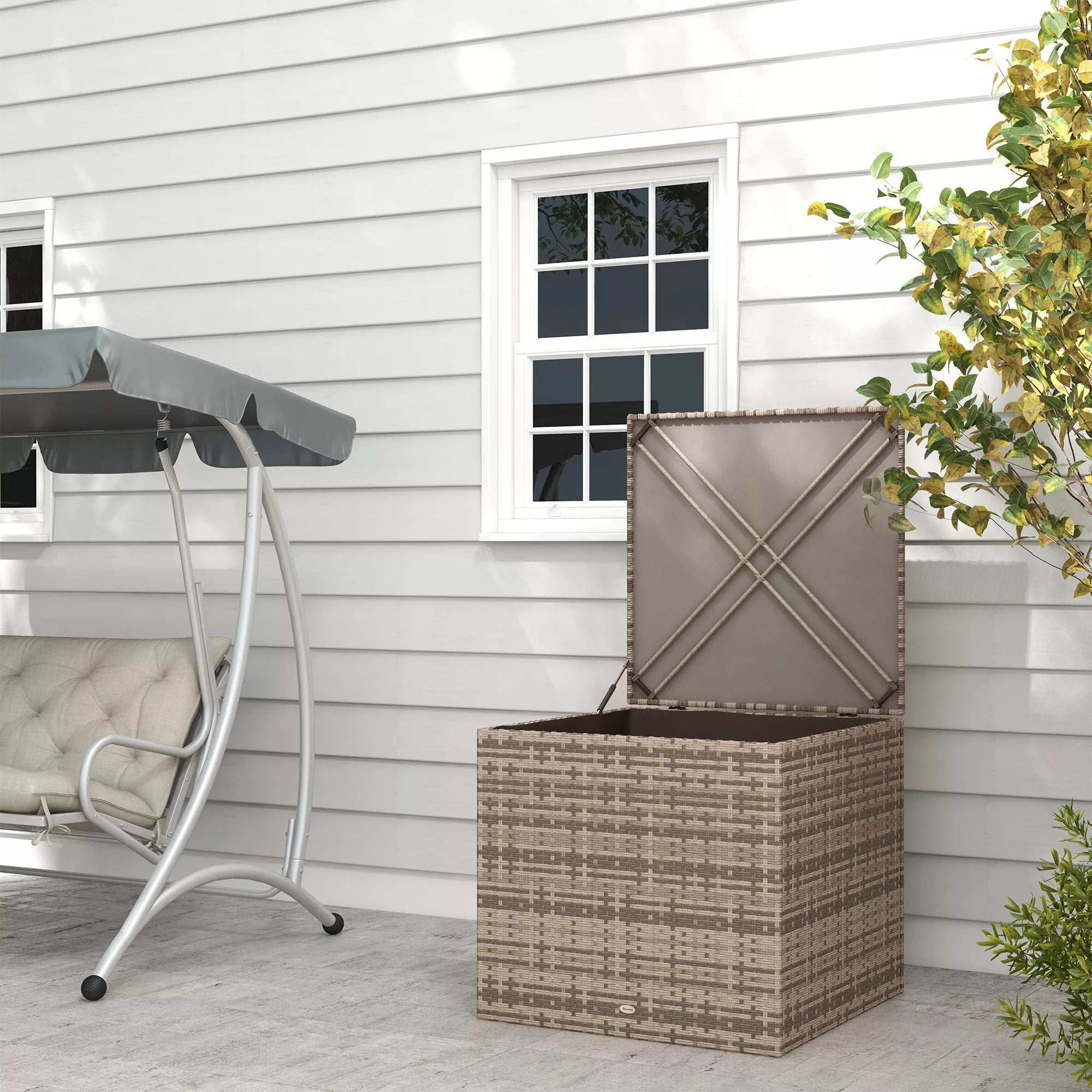 Polyrattan laikymo dėžė, audinio vidinis pamušalas, lengvai atidaroma/uždaroma, metalinis rėmas, 75B x 75T x 70H cm, juoda