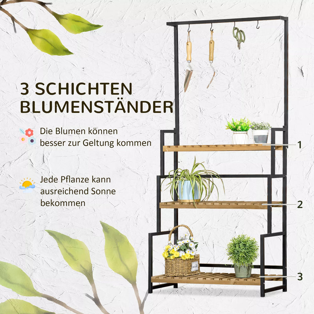Medinis gėlių stovas 3 pakopų su kabliais, 80 x 36 x 174 cm, natūralios spalvos