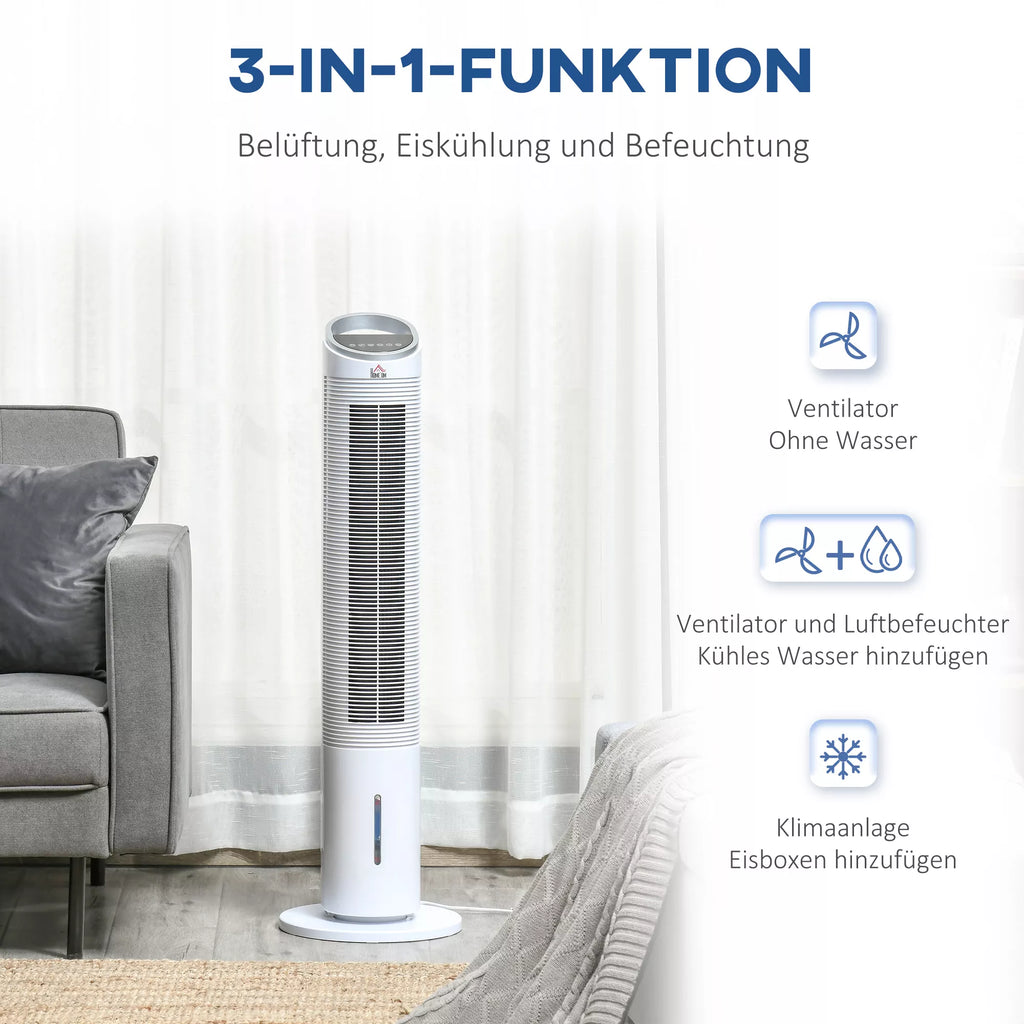 Vandens aušinimo koloninis ventiliatorius su nuotolinio valdymo pultu, 60 W, 20 m², 30 cm x 30 cm x 100,8 cm, 3 režimai, baltas