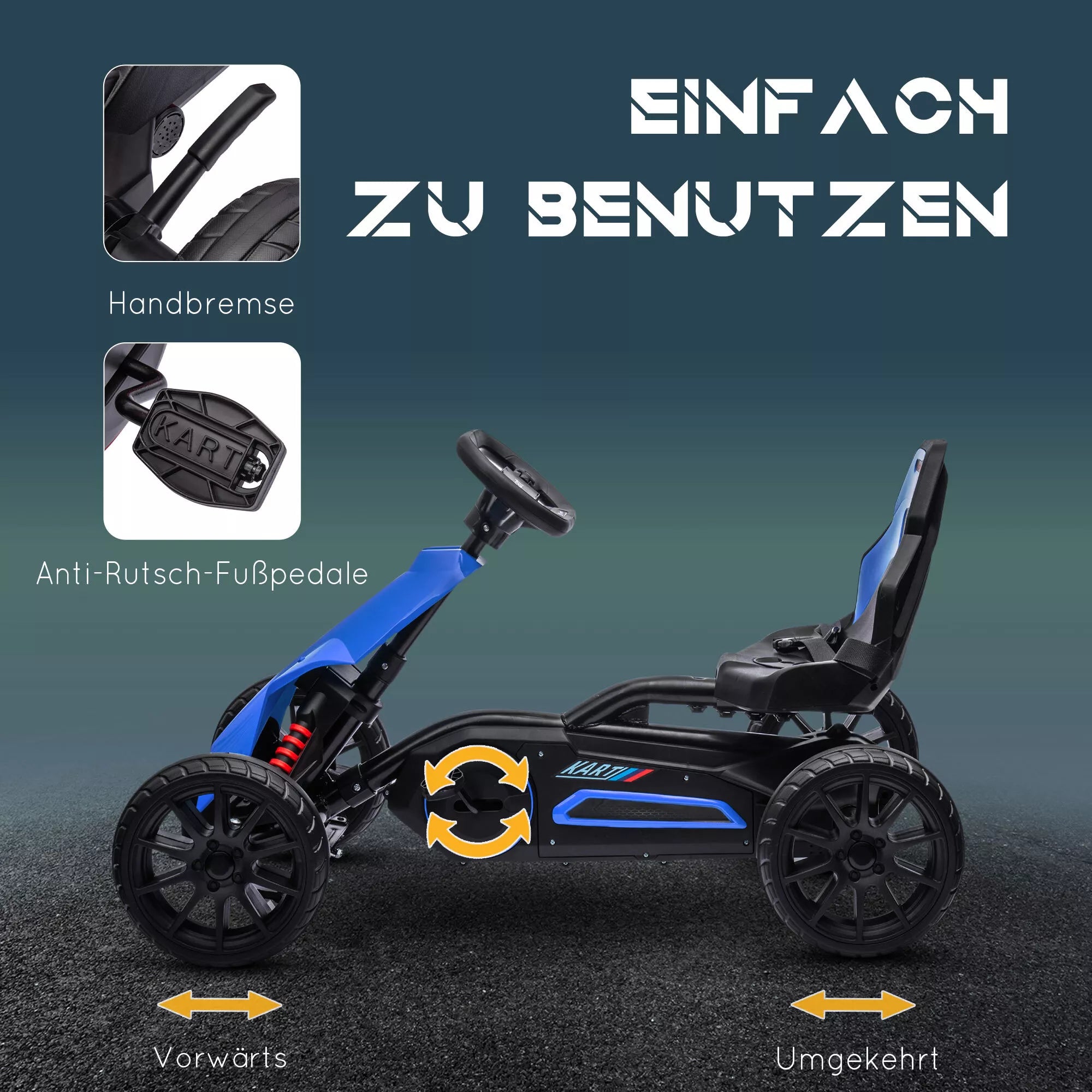 Pedalinis kartingas su atbuline eiga, vaikams nuo 3 iki 8 metų, mėlynas