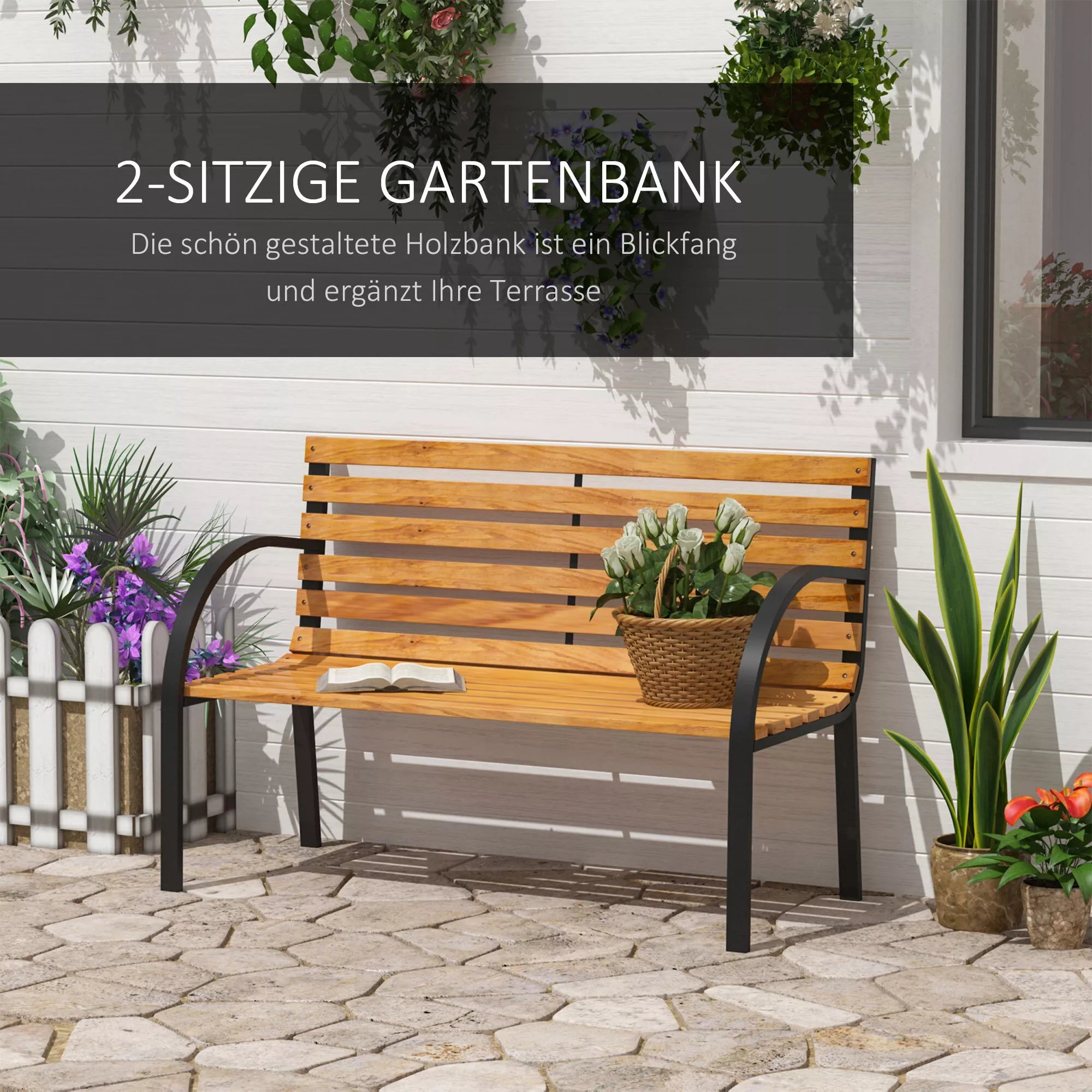 Sodo suolas Parko suolas 2 vietų Sodo plienas + pušies mediena Natūralus B122 x T60 x H83 cm