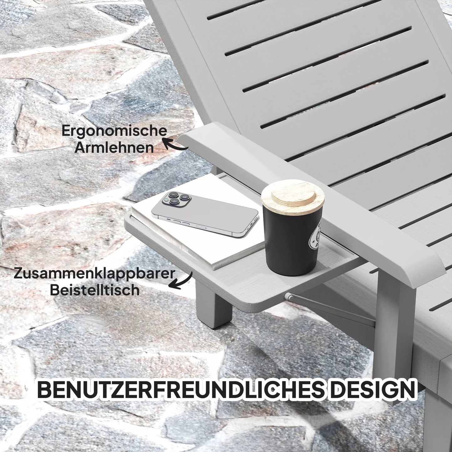 Saulės gultas Sodo gultas su šoniniu staliuku Medžio imitacijos gultas su 5 pakopų reguliuojamu atlošu Šviesiai pilkos spalvos