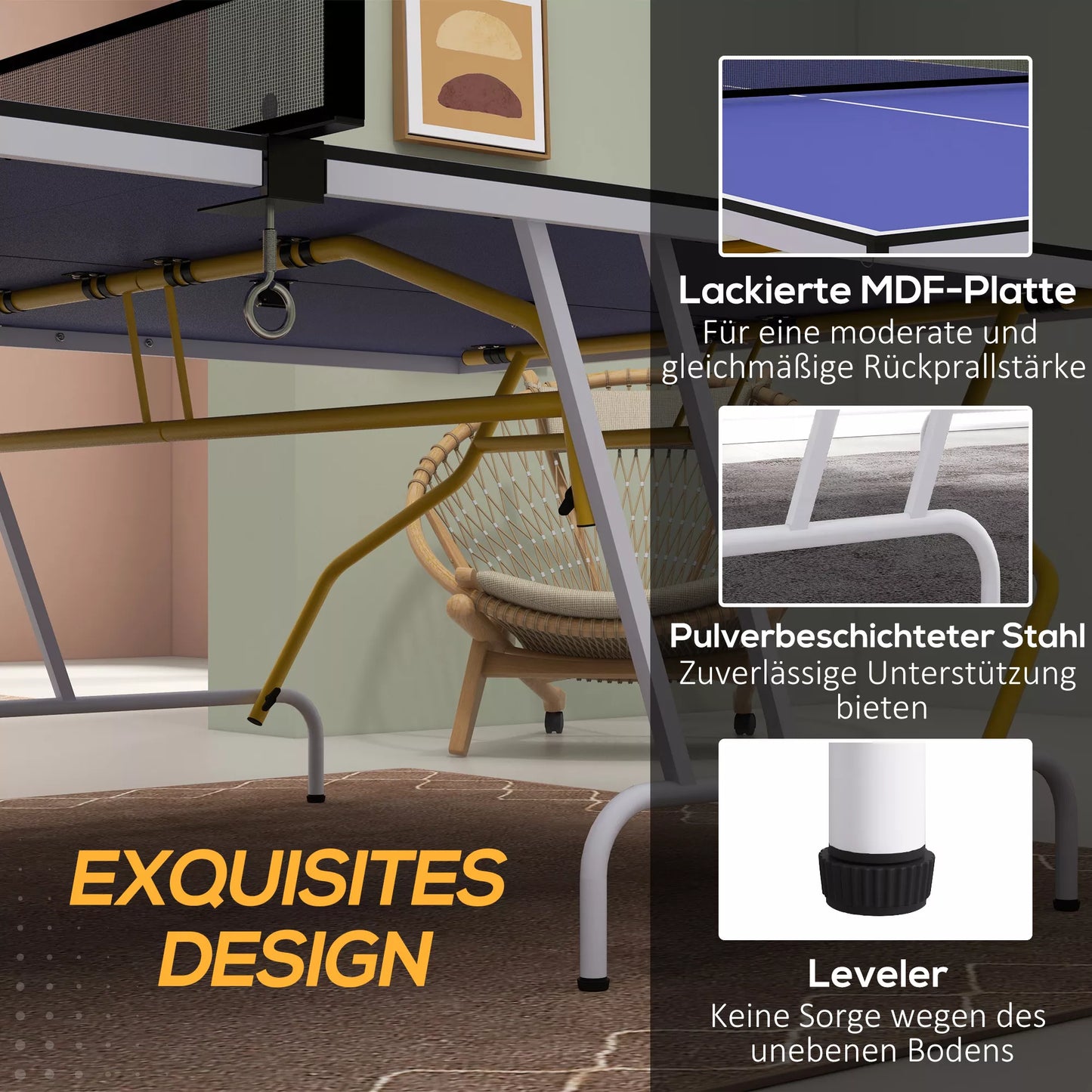 Stalo teniso stalas, sulankstomas, su 2 raketėmis, 3 kamuoliukais, tinklu, vidaus ir lauko, metalinis rėmas, 274x152x76cm, mėlynas