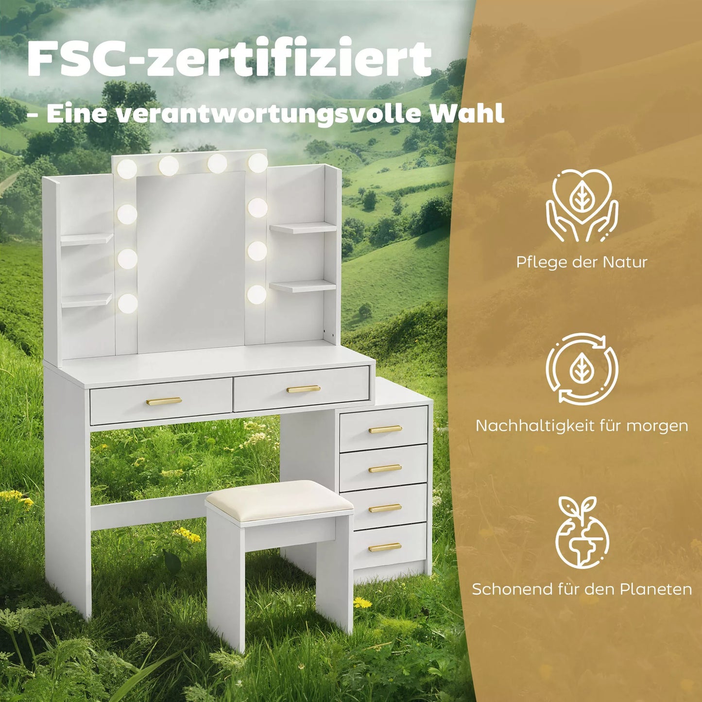 Kosmetinis staliukas su apšviečiamu veidrodžiu ir minkštu pufu, makiažo staliuko rinkinys, medis ir tekstilė, balta