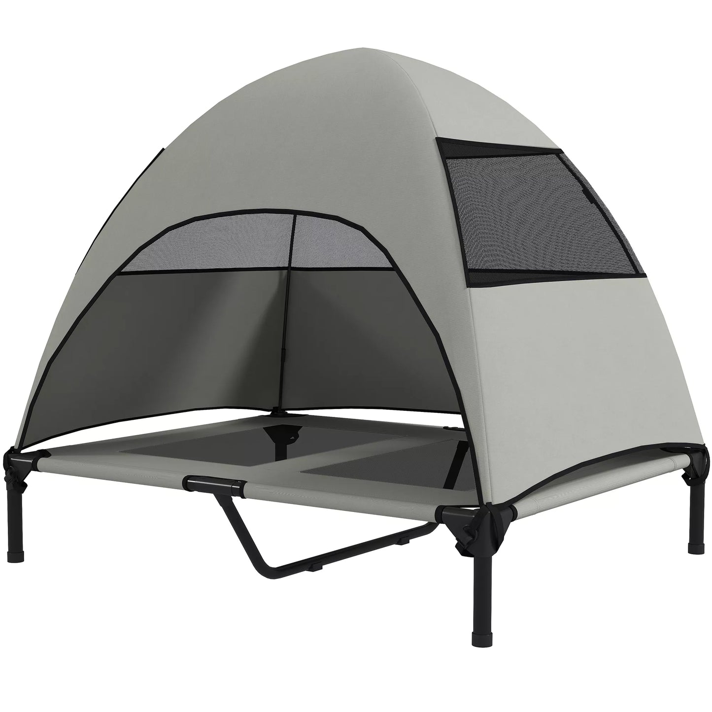 Lauko šunų gultas su stogeliu, paaukštinta šunų lova dideliems šunims, 91 x 76 x 90 cm, šviesiai pilka