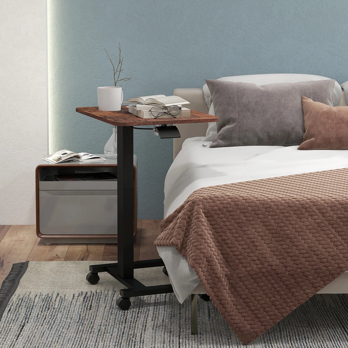 Pastatomas stalas, stalas nešiojamajam kompiuteriui, reguliuojamo aukščio, 4 ratukai, 65 cm x 48 cm x 108 cm, ruda + juoda