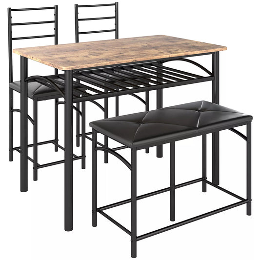 4 dalių valgomojo komplektas, vietą taupantis komplektas iš stalo, 2 kėdžių ir suoliuko, skirtas mažiems kambariams, metalas, mediena, rudas