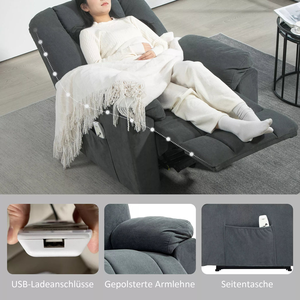 Moteris guli atloštame fotelyje, grafika apie USB ir kišenes
