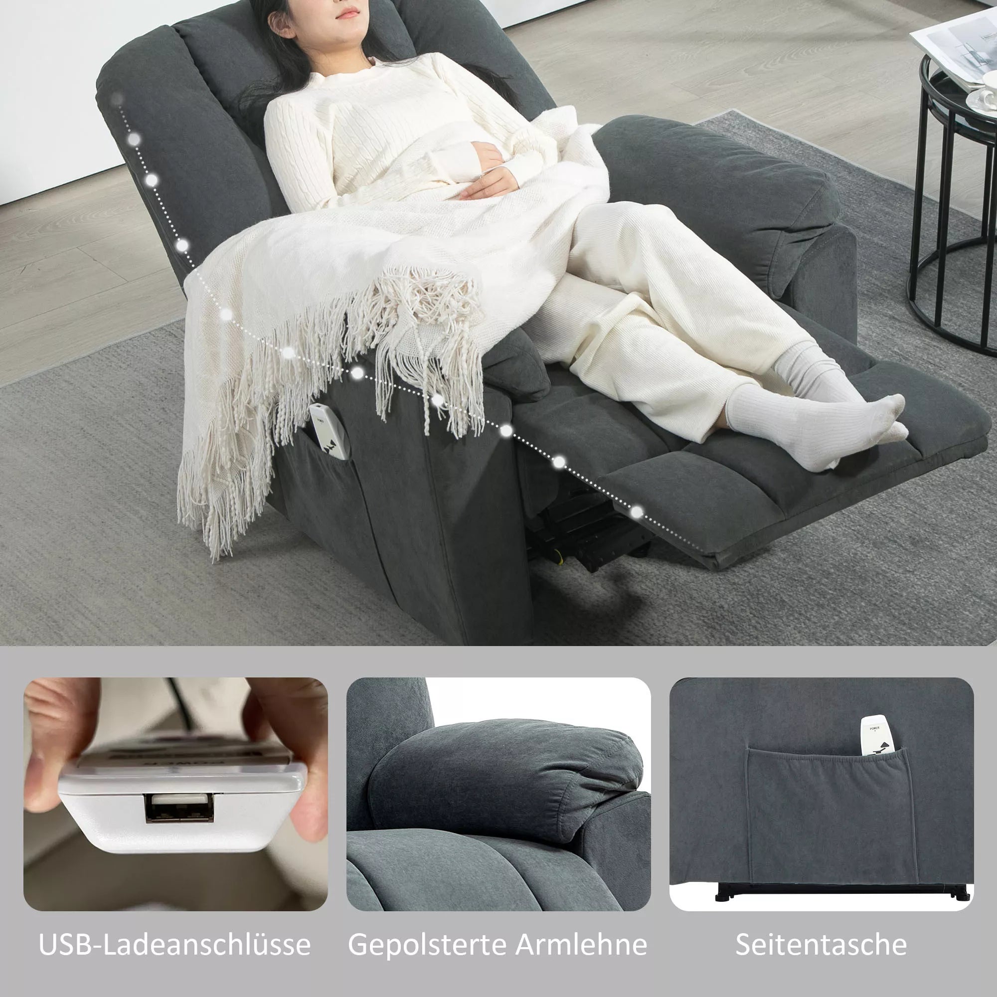 Moteris guli atloštame fotelyje, grafika apie USB ir kišenes