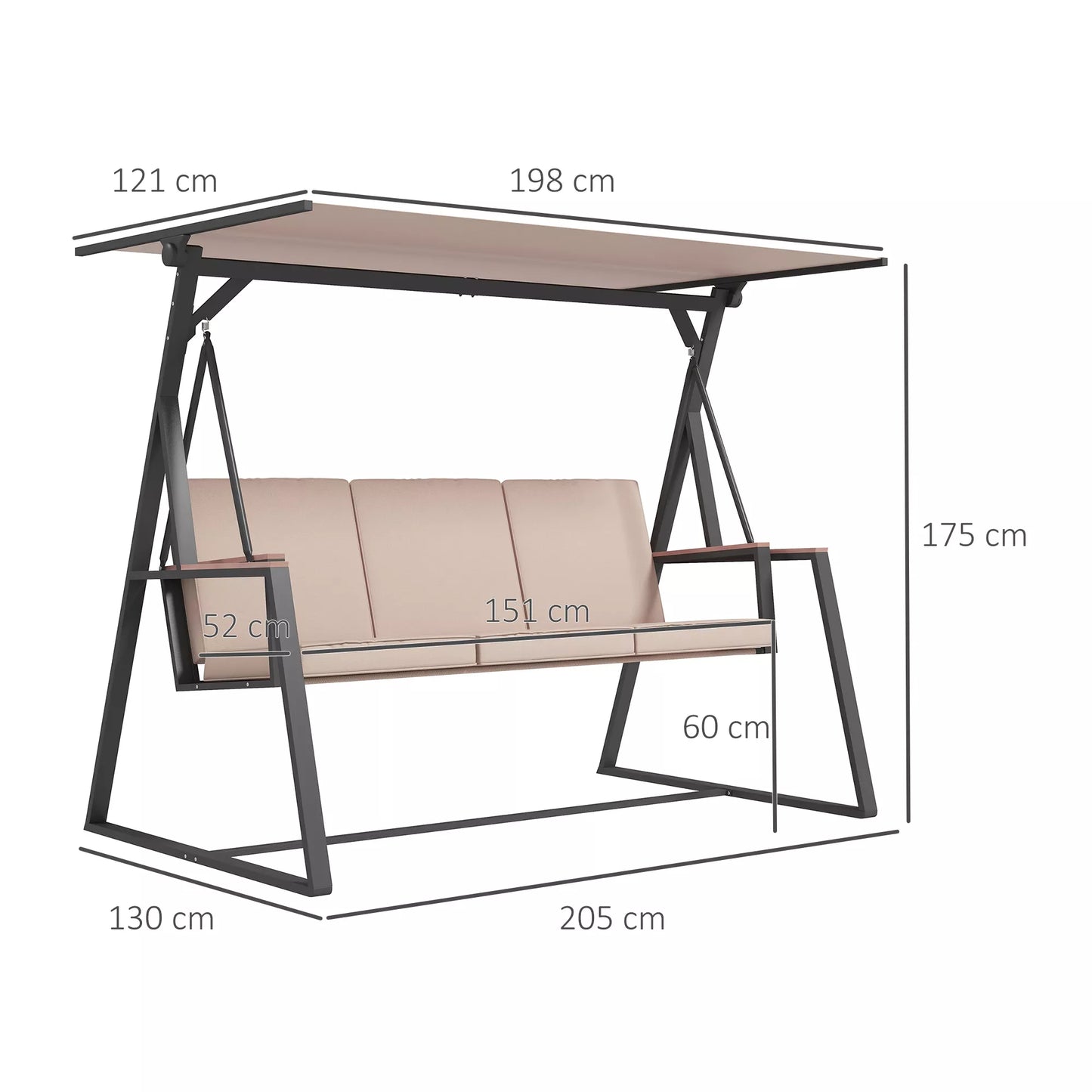 Hollywood sūpuoklės Sodo sūpuoklės 3 vietų sūpuoklės su stogeliu nuo saulės, atsparios oro sąlygoms, smėlio spalvos + juoda