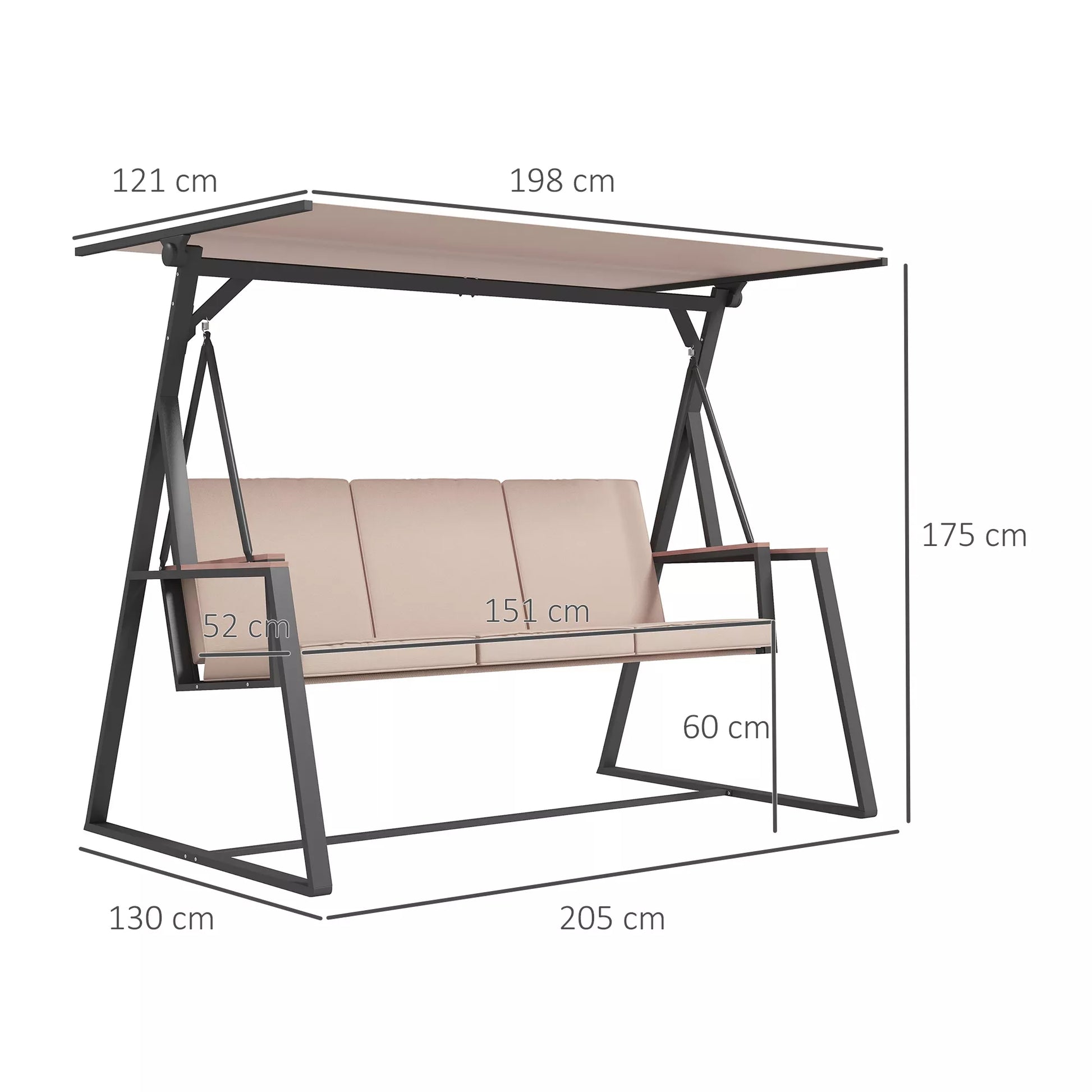 Hollywood sūpuoklės Sodo sūpuoklės 3 vietų sūpuoklės su stogeliu nuo saulės, atsparios oro sąlygoms, smėlio spalvos + juoda