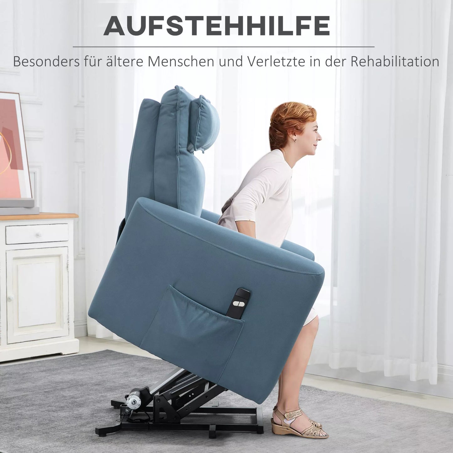 HOMCOM Pagalbinė atsistojant poilsio fotelis, integruota kojų atrama, šoninė kišenė, laidinis nuotolinio valdymo pultelis, 84 x 89,5 x 105 cm, Mėlynas