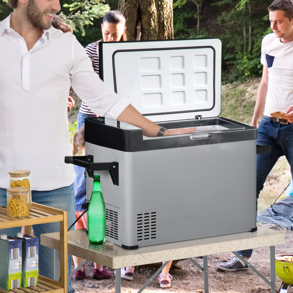 50 l automobilinis šaldytuvas su LCD ekranu, 2 režimais, kompresoriumi, rankenomis, tinka laivams, kemperiams, kelionėms, 12/24 V DC ir 110–240 V AC, pilkos ir juodos spalvos