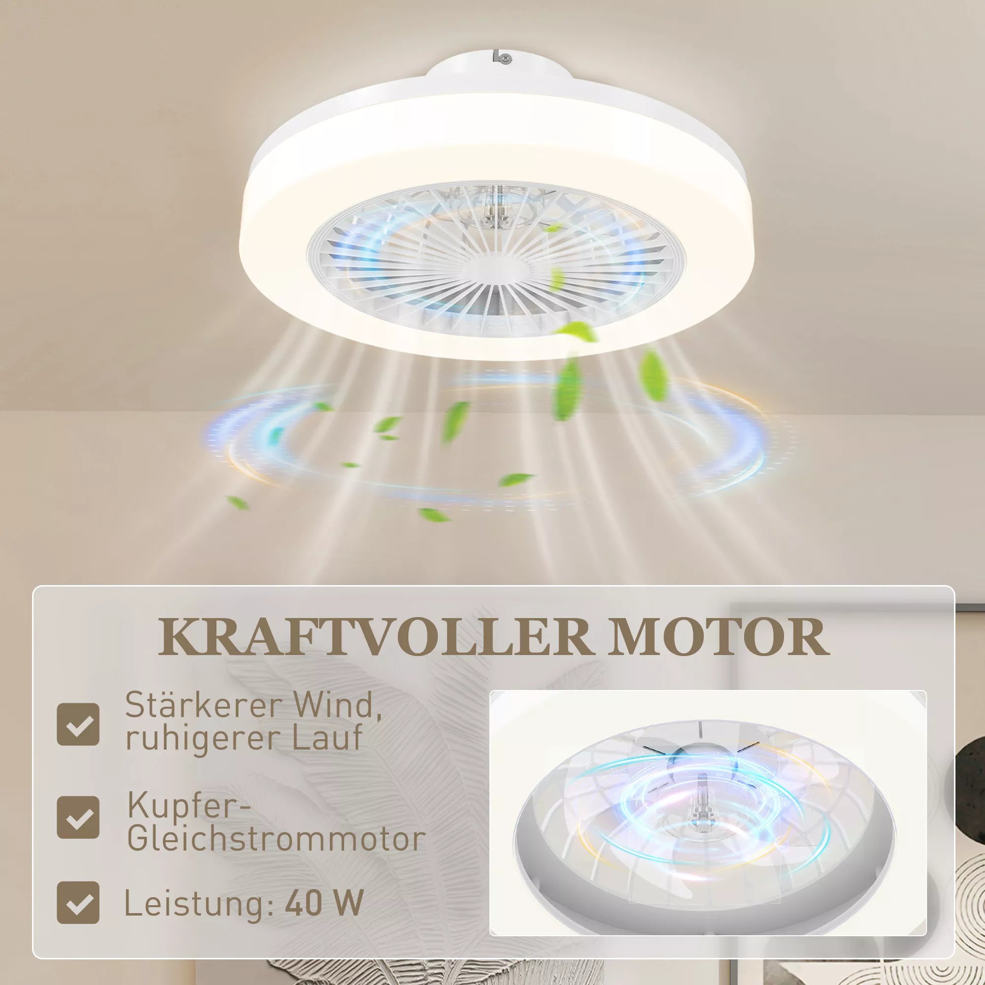 Lubų ventiliatorius su LED lempa, 6 greičiai, nuotolinio valdymo pultas, baltas